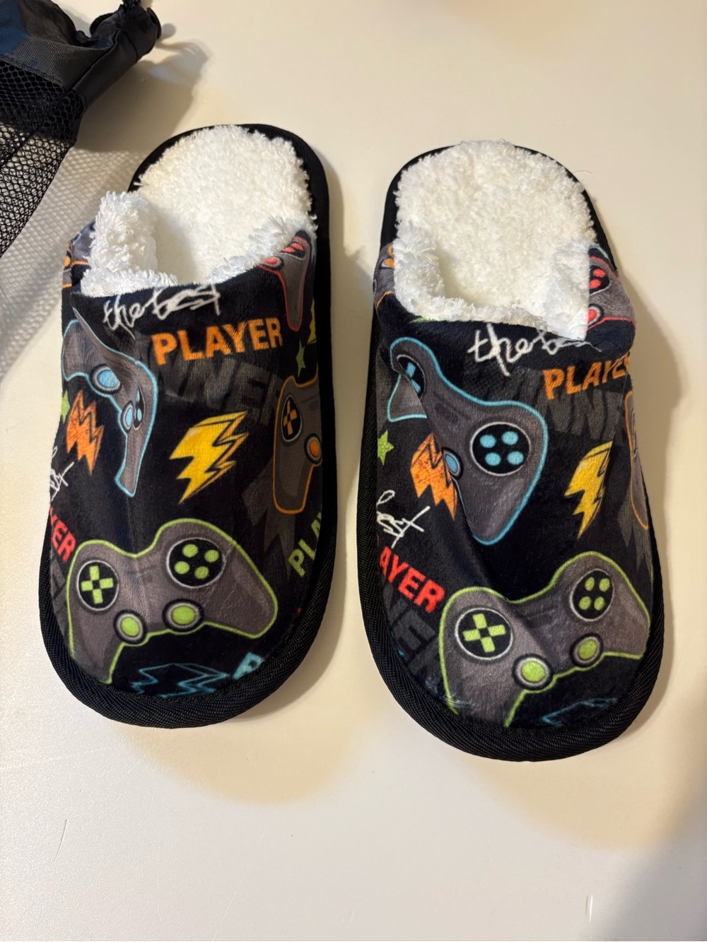 Kids Black Gamer Plush-Lined Slippers